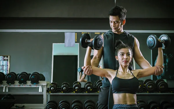 Asian People Sport Girl Doing Weight Exercises Working Heavy Dumbbells — Stock Photo, Image