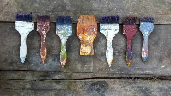 Paint Brushes Stacked Old Wooden Vintage Background — Stock Photo, Image