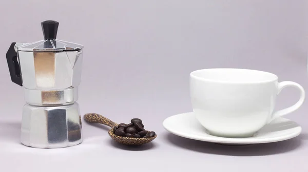 Moka Pot Pouring Coffee Gray Background — Stock Photo, Image