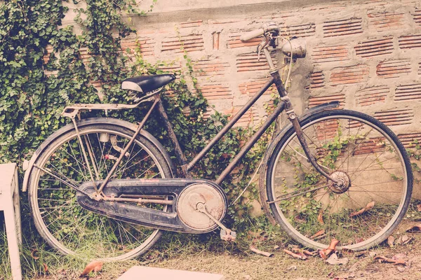 Old Bicycle Leaning Shabby Wall — Zdjęcie stockowe