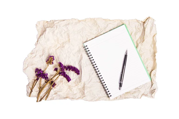 Pen Notebook Flowers Old Paper Isolated White Background — Fotografia de Stock
