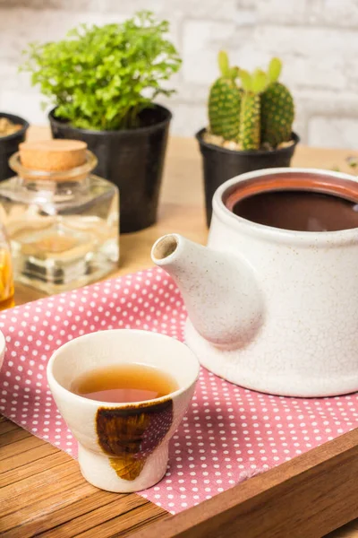 Hot Tea Teapot Placed Wooden Cactus Healthy Menu — Foto Stock