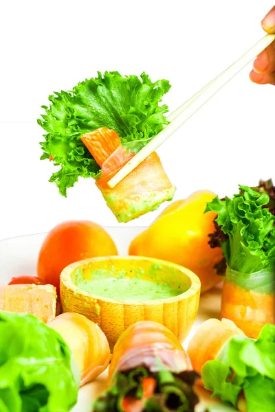 Salad Rolls Seafood Sauce Isolated White Background — Foto de Stock