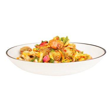 Boiled scallops cooked with seasoning. Fish sauce, sugar, Chilli, lime, celery, and sliced shallots Cook them together on a plate. A menu of Thai seafood accompaniments. isolated white background