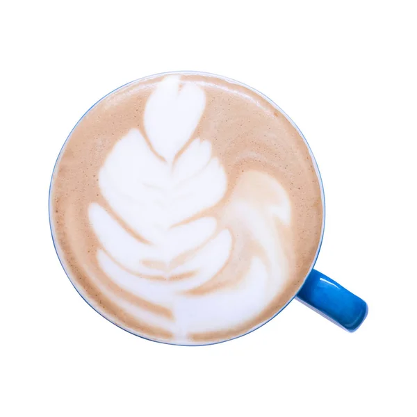 Draufsicht Auf Hot Latte Art Kaffee Auf Blauer Tasse Isoliert — Stockfoto