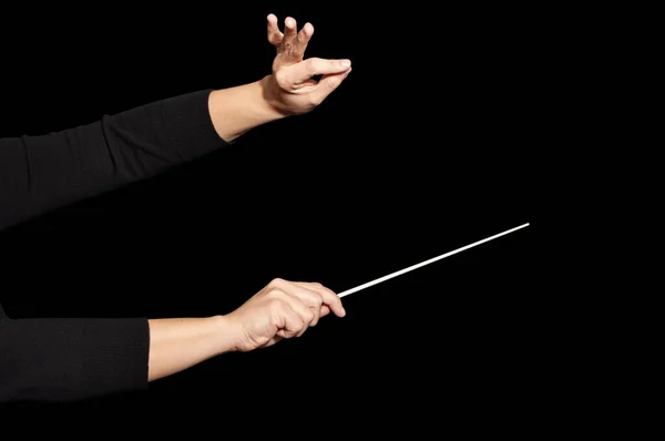 Orchestra Woman Conductor Music Conducting Hands Conductor Baton Black Background — Stock Photo, Image
