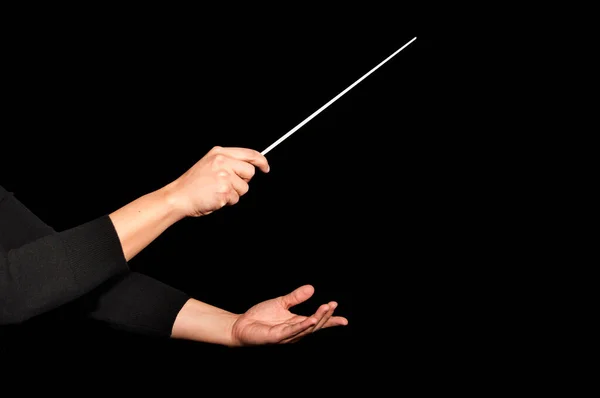 Orchestra Woman Conductor Music Conducting Hands Conductor Baton Black Background — стоковое фото