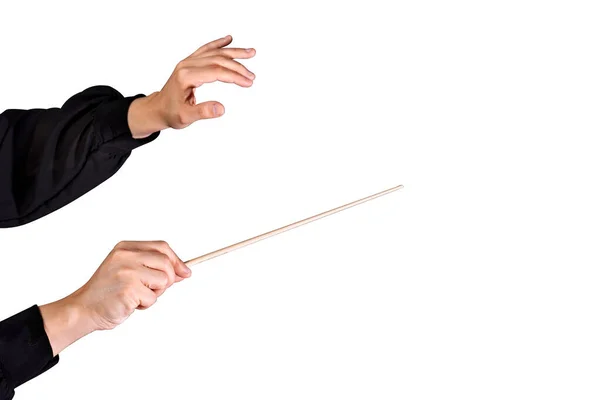 Kadın Orkestra Şefi Beyaz Arka Planda Copuyla Bir Senfoni Yönetiyor — Stok fotoğraf