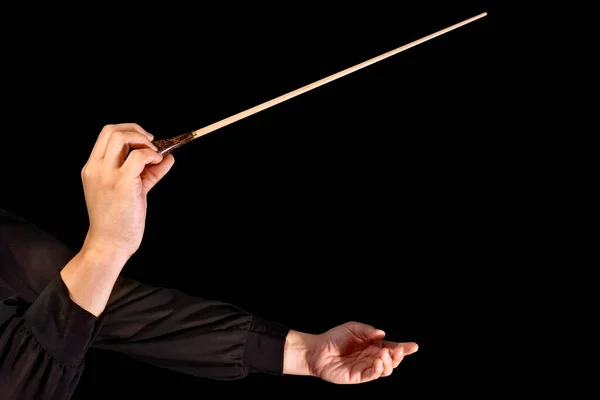 Female Conductor Conducting Symphony Her Baton Black Background — Stock Photo, Image