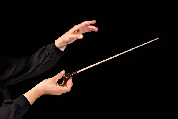 Female Conductor Conducting Symphony Her Baton Black Background — Stock Photo, Image