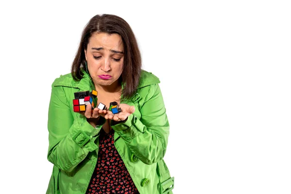 Sad Girl Breaking Rubik Cube White Background — Photo