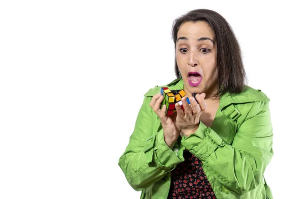 Scared Girl Breaking Rubik Cube — Stockfoto