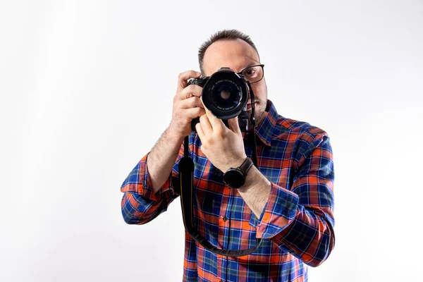 Photographer Posing Model His Camera — Zdjęcie stockowe