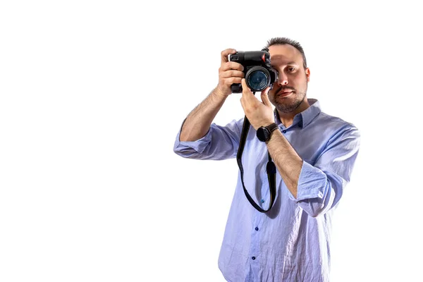 Fotógrafo Posando Como Modelo Com Sua Câmera — Fotografia de Stock