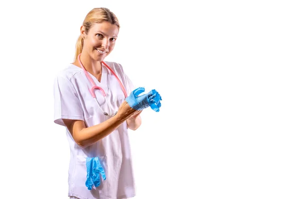 Young Girl Doctor Putting Blue Gloves Surgery Copy Space — Stockfoto