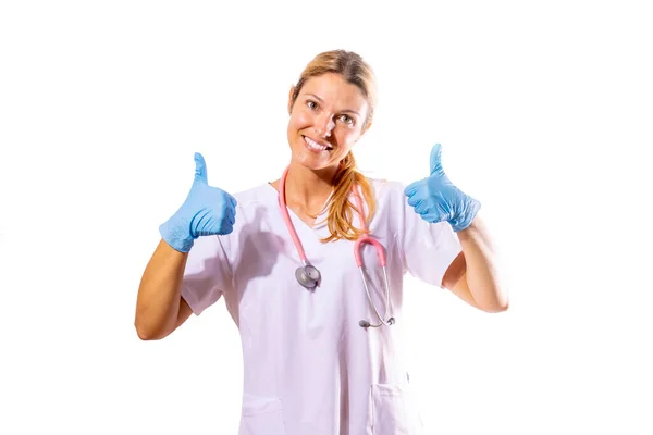 Medical Girl Smiling Thumbs Happy Gesture — Stockfoto