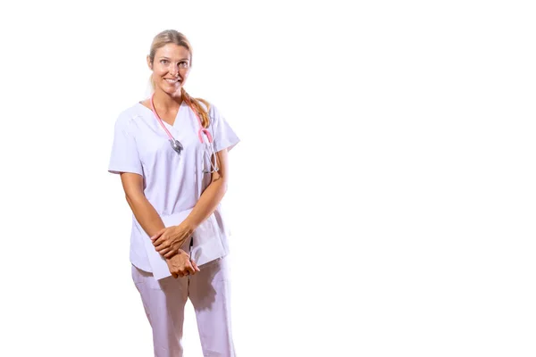 Young Girl Doctor Smiling Stethoscope Medical Gown White Background Medical — Stockfoto