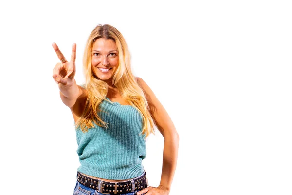 Motivated Smiling Rocker Girl Gives Thumbs Sign Satisfaction — Stockfoto