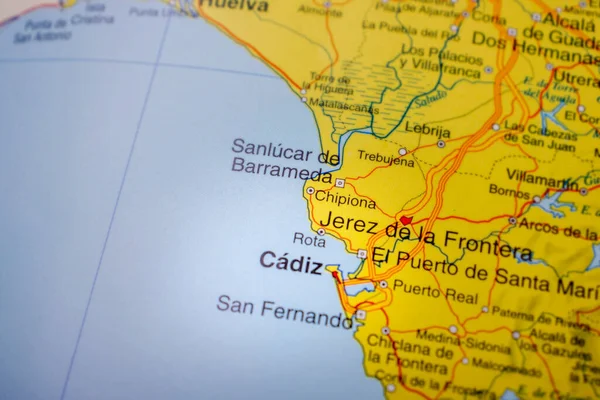 Cadiz marked on a map of Spain.
