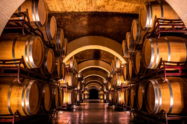 Kelder Van Een Wijnkelder Met Macererende Wijnvaten — Stockfoto