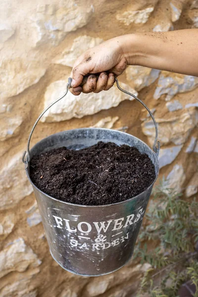 Woman's hand holding bucket of gardening soil. Elements of domestic gardening. Hard work concept.