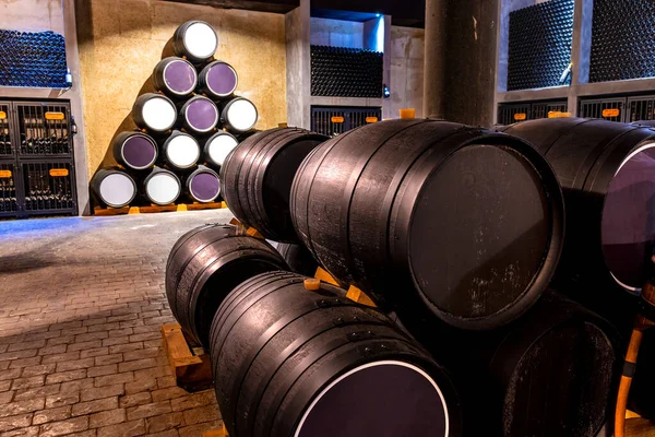 Wine Barrels Winery Spain Keeps French Oak Barrels Ferment Wine — Stock Photo, Image
