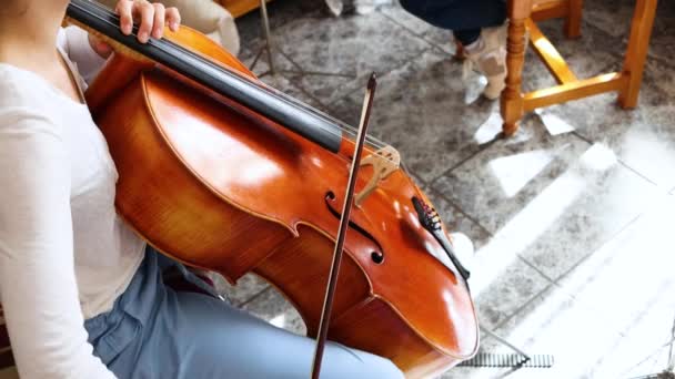 Kvinnans Cellist Studerar Med Sitt Instrument — Stockvideo