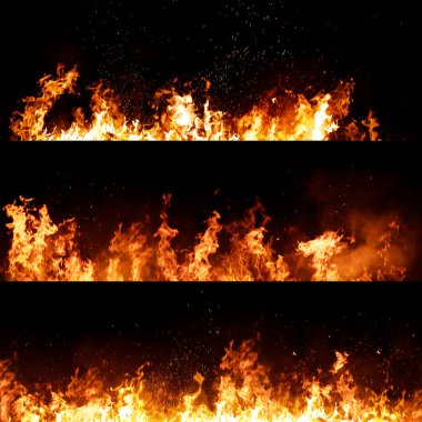 Set of Panorama Fire flames on black background.