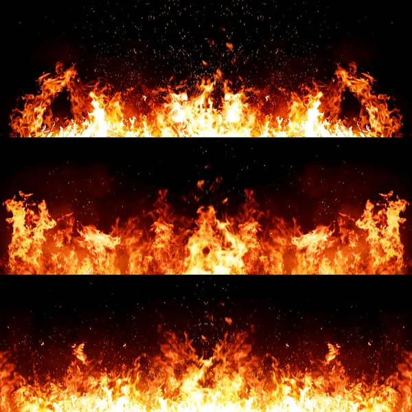 Zestaw Panoramy Płomienie Ognia Czarnym Tle — Zdjęcie stockowe