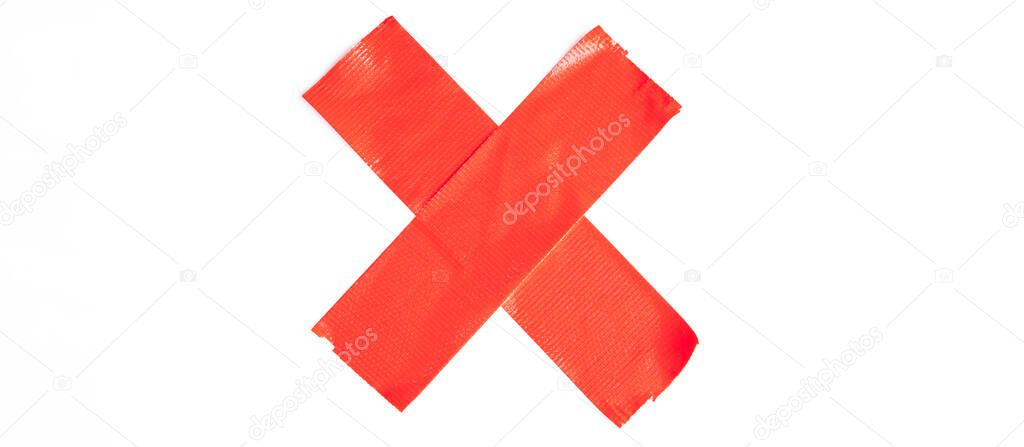 red tapes on white background. Torn horizontal and different size sticky tape, adhesive pieces.