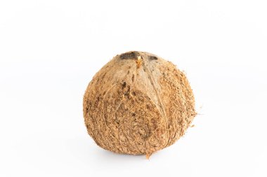 Ripe half cut coconut on white background. Real coconut cream and oil.