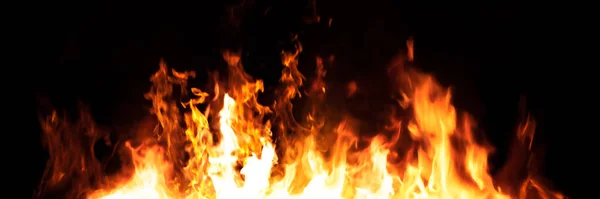 Panorama Ogień Płomienie Czarnym Tle Wybuch Ognia Tekstury Tle Banera — Zdjęcie stockowe