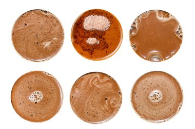 Top view of hot coffee foam on white background.