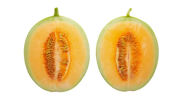 Two Halves Cantaloupe White Background Melon Isolate White — Foto de Stock