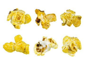 Set of popcorn isolated on white background. Top view of tasty popcorn.