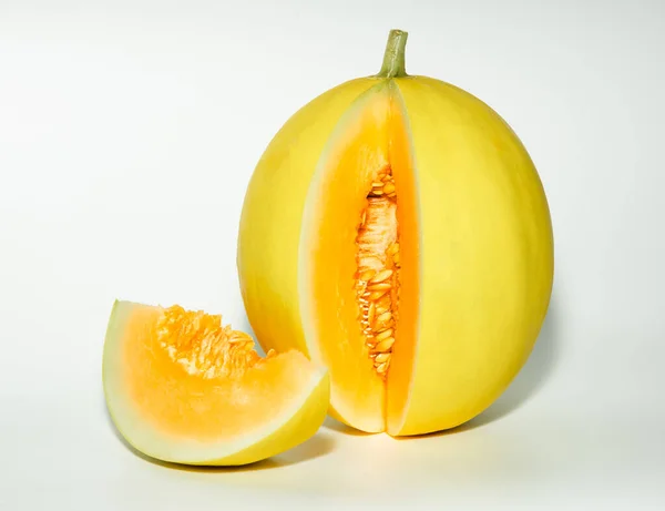 Two Halves Cantaloupe White Background Melon Isolate White — Fotografie, imagine de stoc