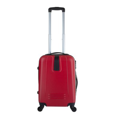 Kırmızının ön görüntüsü uzun teleskopik saplı beyaz arka planda izole edilmiş, geniş polikarbonat valizi, büyük plastik seyahat çantası