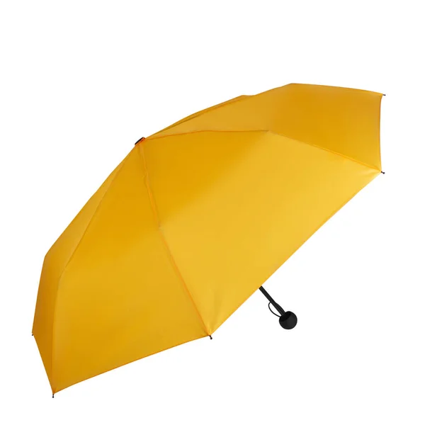 Boční Pohled Otevřený Žlutý Přenosný Deštník Izolovaný Bílém Pozadí Oříznutou — Stock fotografie