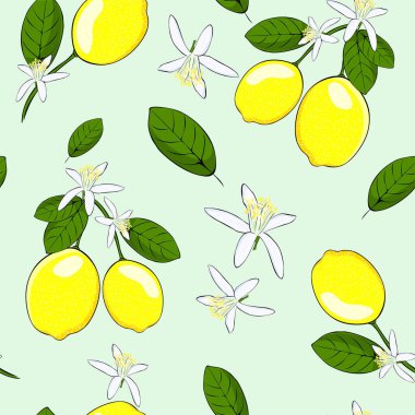 Yeşil arka planda limonlar. Tekstil ve kapaklar için kusursuz duvar kâğıdı. Çiçekli limon, meyve ve yapraklar