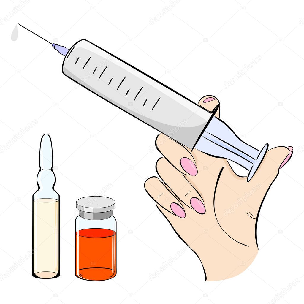Syringe in hand. A female hand holds an injection. Medicine in ampoules and syringe. Botox, vaccine, antibiotic