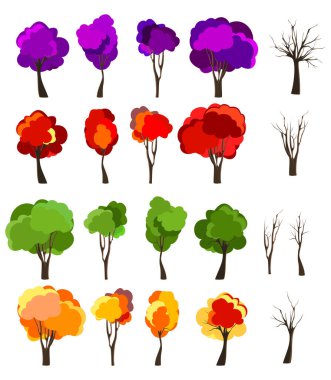 Ağaçlar yeşil, sarı, mor. Dallar ve gövdeler. Vektör çizimleri kümesi