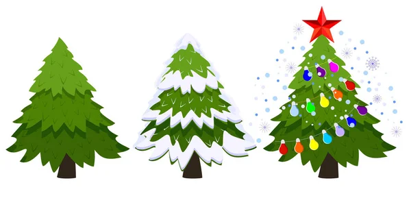 Conjunto Árboles Navidad Árbol Navidad Verde Abeto Con Nieve Decoraciones — Vector de stock