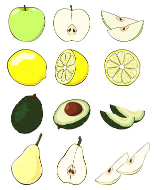 Olgun meyveler: elma, limon, avokado, armut. Çizgi film tarzında vektör içinde sulu meyveler kümesi.