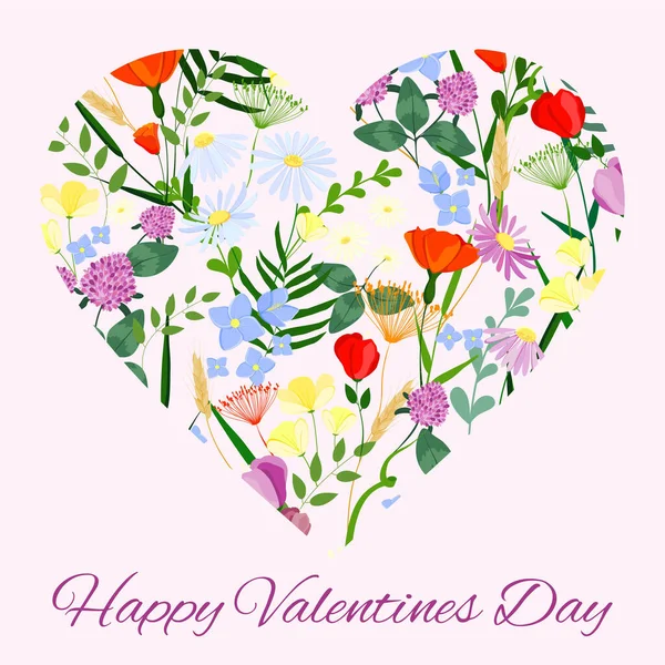 Postal Para Febrero Corazón Flores Para Día San Valentín — Vector de stock