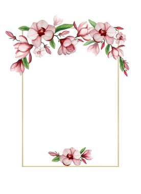 Suluboya çiçekli çiçek çerçevesi. Dikdörtgen bir çerçevede yaprakları olan pembe manolyalar