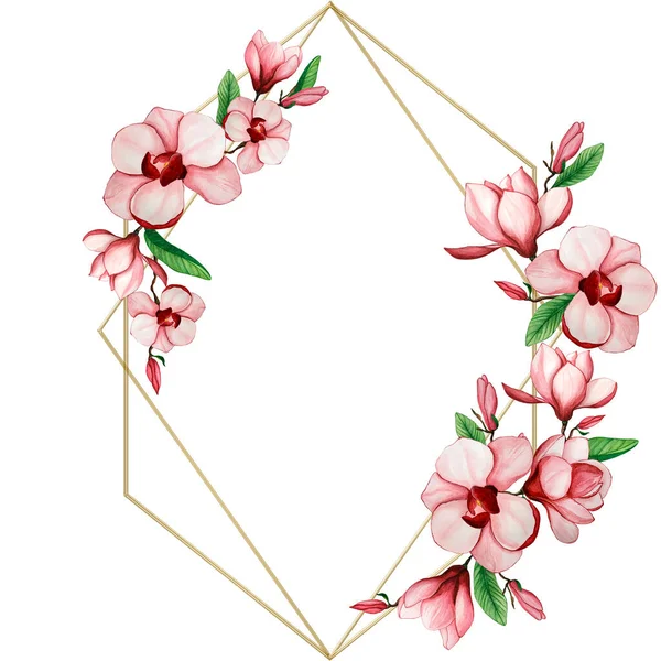 Marco Geométrico Con Flores Acuarela Magnolias Rosadas Contorno Dorado — Foto de Stock