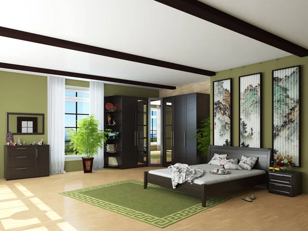 Schlafzimmerinnenraum mit grünen Wänden, braunem Kleiderschrank, Bett mit heller Bettwäsche — Stockfoto