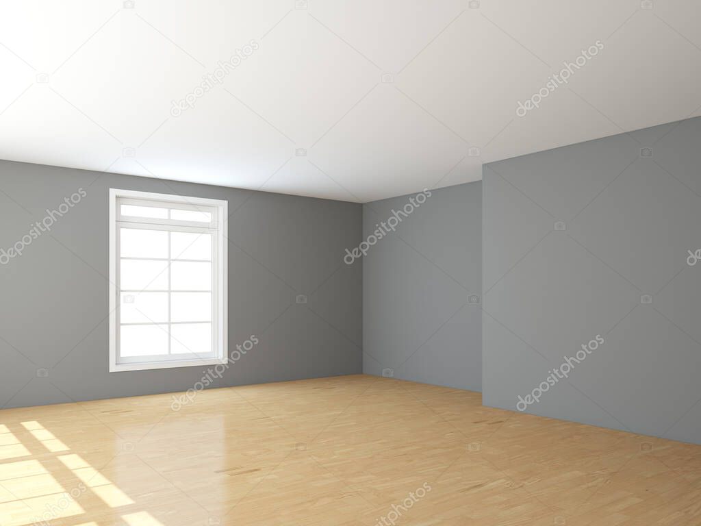 Empty Interior Corner with White Window, Light Glossy Parquet and Gray Walls