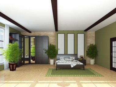 Modern Yatak Odası İçi. Açık Parke Zemin, Yeşil Halı, Kahverengi Tahta Yatak ve Ayna Dolaplı Gardırop. Bitki saksıları, mermer işlemeli haki duvarlar ve dekoratif asma panosu. 3B Görüntü.