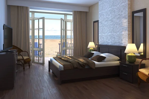 Hotel with Sea View. Bedroom with Open Windows Overlooking the Sea
